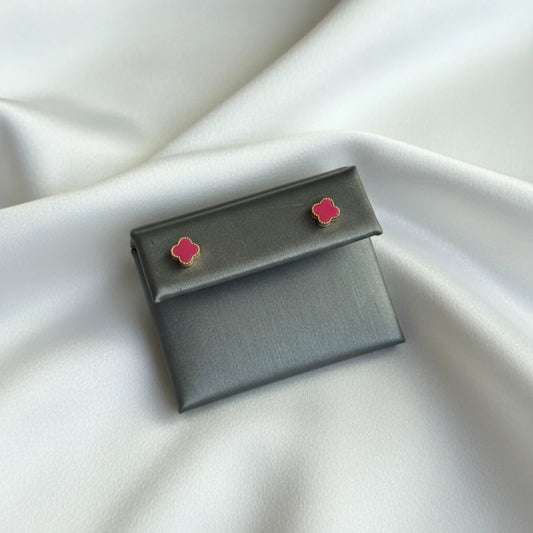10k Small Dark Pink Clover Earrings
