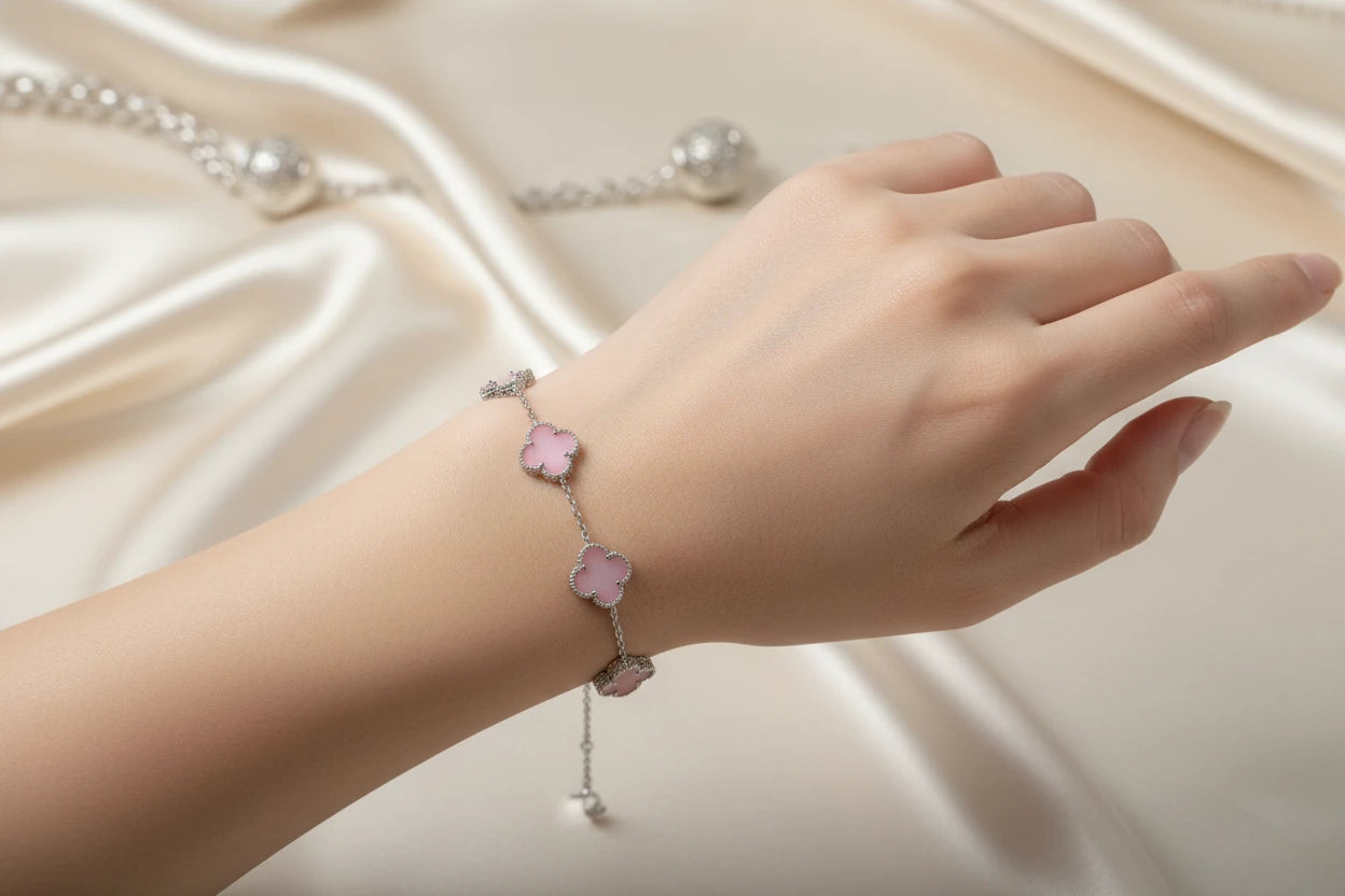 Sterling silver pink four leaf clover bracelet