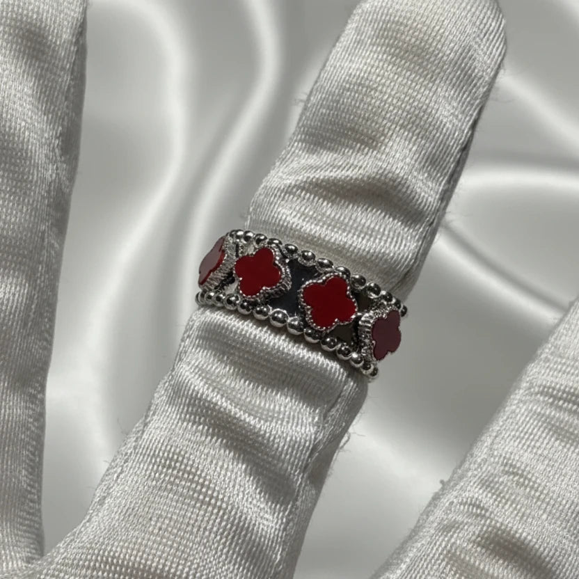 Sterling Silver Red four leaf Clover Ring