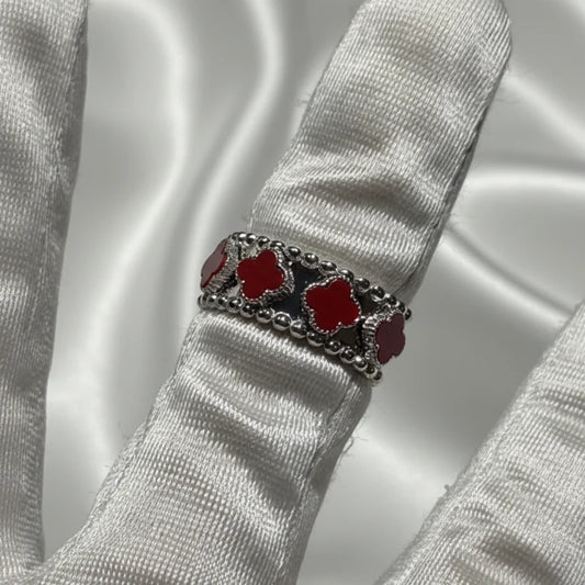 Sterling Silver Red four leaf Clover Ring