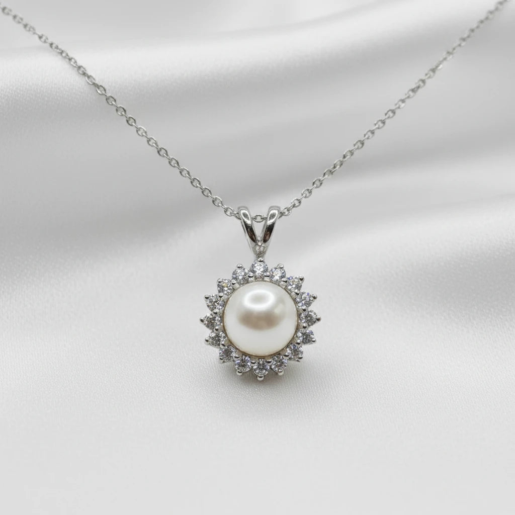 Sterling Silver CZ & Pearl Necklace Set