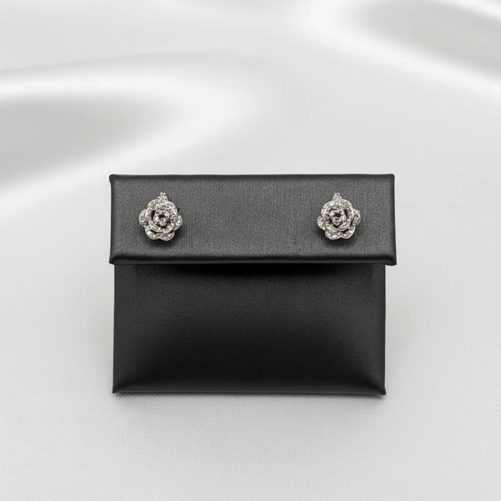 14k White Gold Diamond Rose Earrings