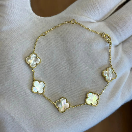 14k Over Sterling Silver Mother of Pearl four leaf clover bracelet