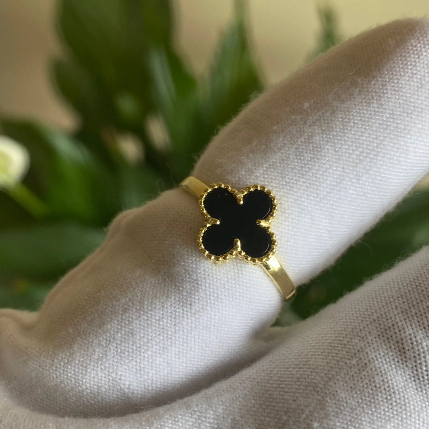 14k Over Sterling Silver Black four leaf clover ring